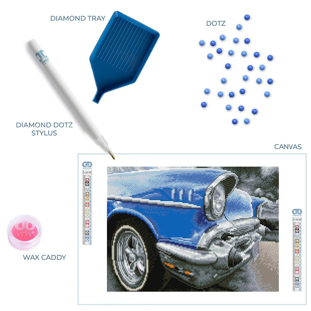 Diamond Dotz 50s Classic arts and crafts set featuring a blue stylist, blue wax caddy, and blue canvas arranged centrally.