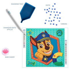 Diamond Dotz Dotzies Paw Patrol Chase diamond painting kit featuring a white stylus and blue canvas.