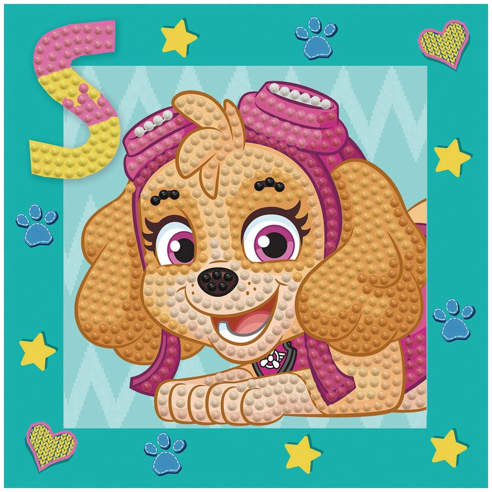 Diamond Dotz Dotzies Paw Patrol Skye features a cartoon dog with a pink bow, brown fur, and glossy yellow stars on a teal bac