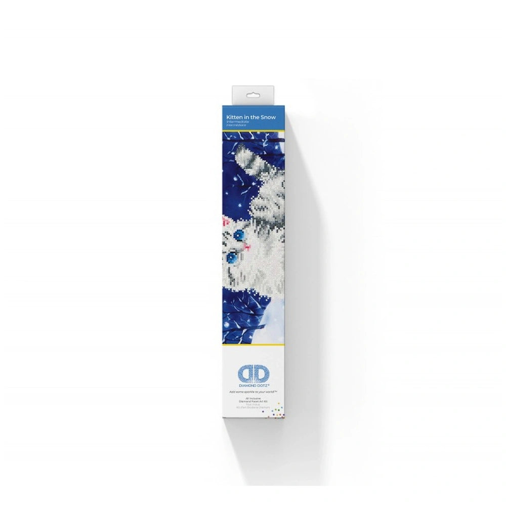 Diamond Dotz Kitten in the Snow arts & crafts kit in matte and glossy packaging with a clear window and textured surface.