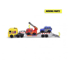 Dickie 3 In 1 Micro Rescue Truck Play Vehicles featuring yellow, red, and blue plastic trucks with a yellow crane.