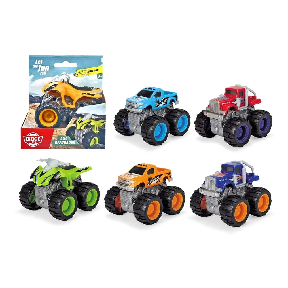 Dickie 4 X 4 Offroader Assortment features four orange plastic toy vehicles with black accents and large black wheels in blue