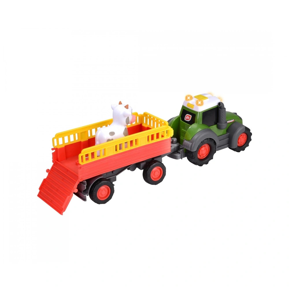 Dickie - Abc Fendit Animal Trailer features a green truck, red trailer, and a white cow with brown spots, all made of plastic
