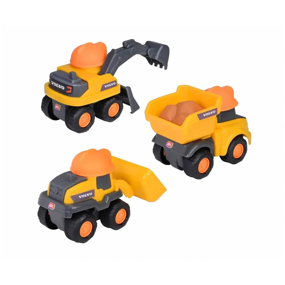 Dickie Volvo Builder Team play vehicle in yellow plastic with orange bucket, black wheels, and matte finish, featuring "VOLVO