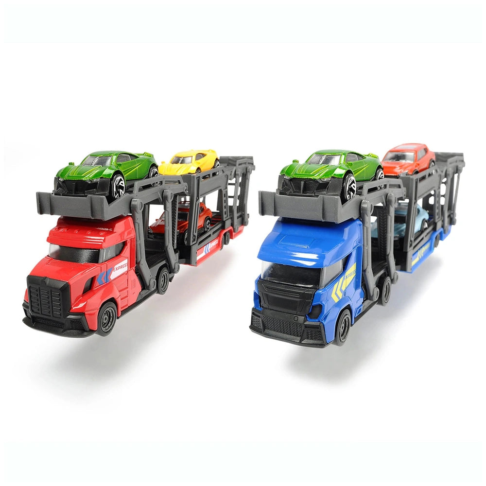 Dickie car carrier toy features a shiny and matte plastic truck cab with multiple black plastic components and a transparent 