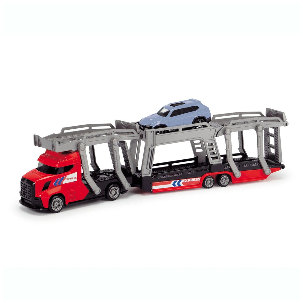Red truck with "EXPRESS" on gray trailer carrying a blue car, showcasing vibrant colors and playful design.