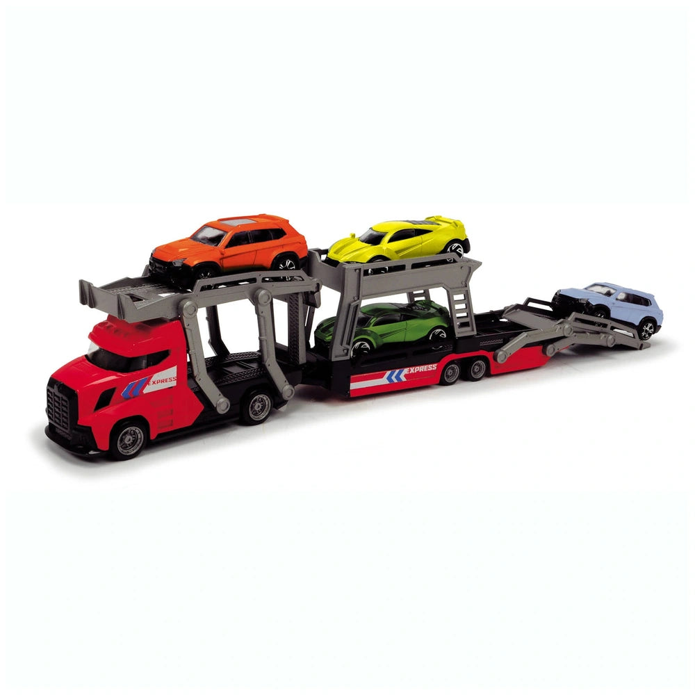 Dickie car carrier toy features a red truck with "XPRESS" text, carrying yellow, green, and blue cars on a black trailer.