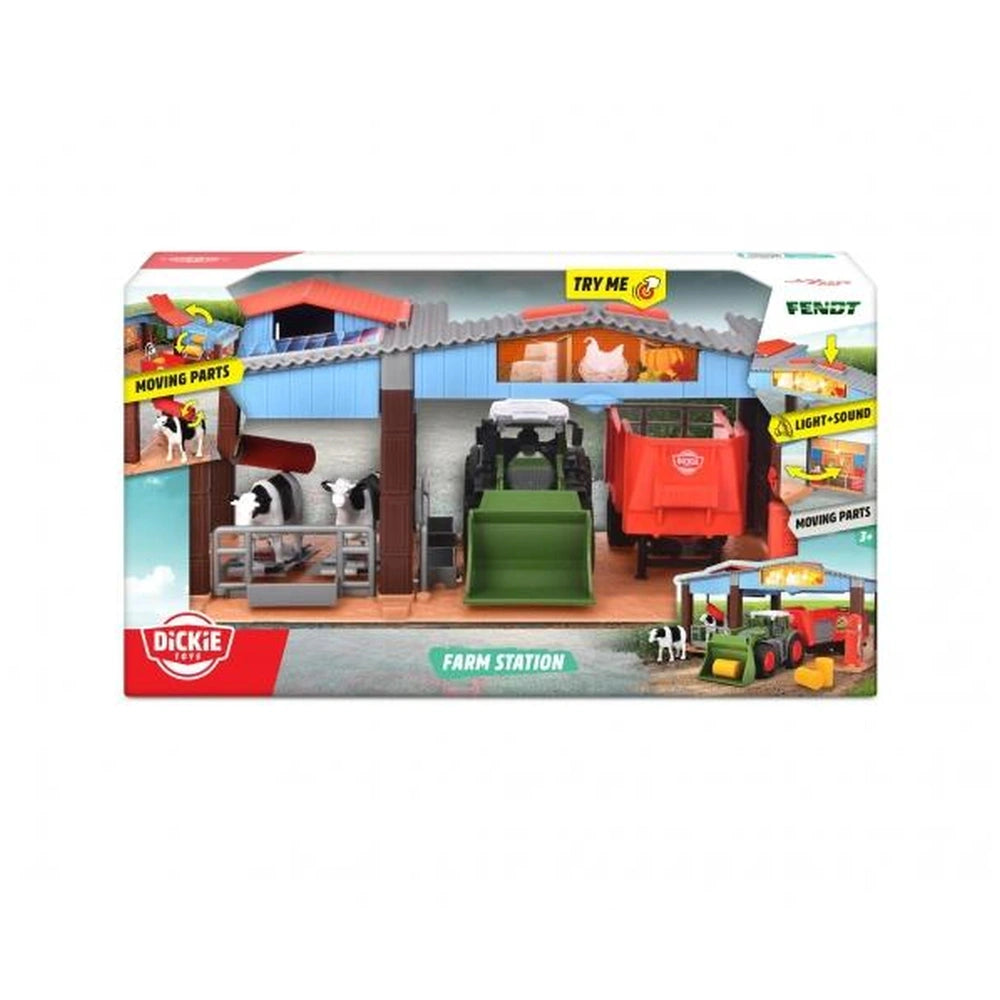 Dickie Farm Station playset featuring a tractor, with glossy plastic window and colorful matte cardboard packaging.