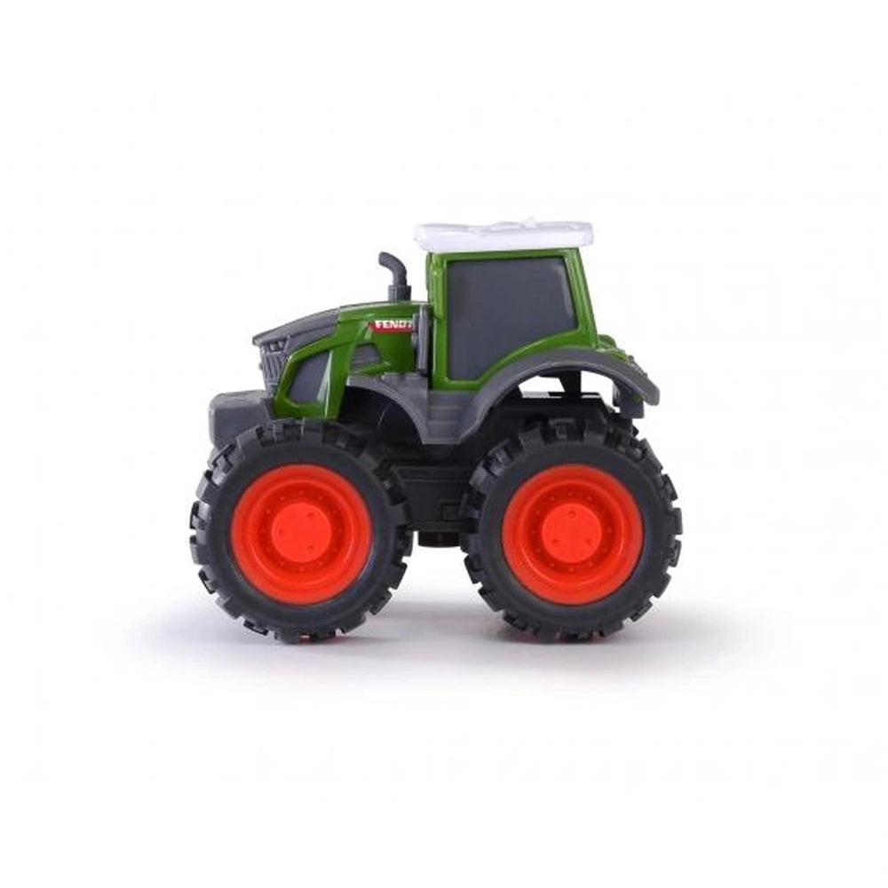 Fendt friction monster tractor play vehicle with a green plastic body, orange wheel rims, and black wheel treads.