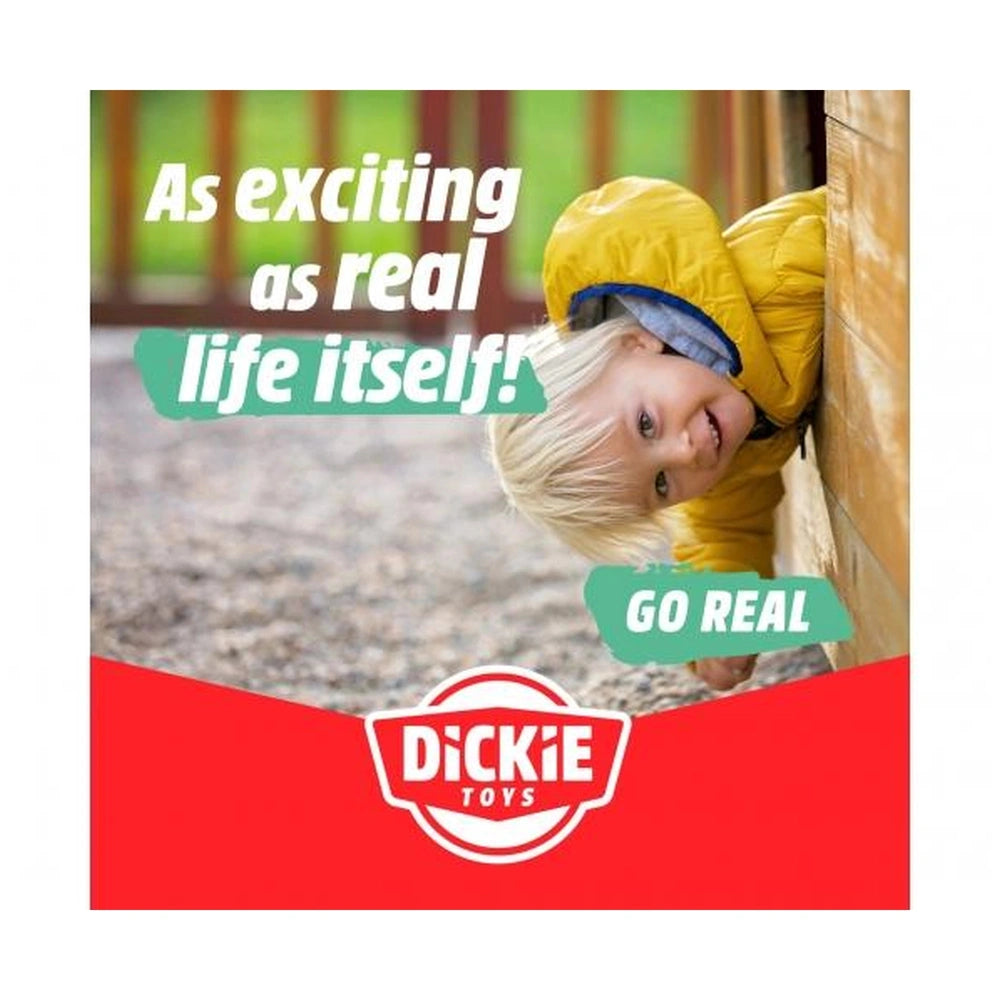 Dickie Fendt friction monster tractor play vehicle displayed with a child in yellow clothing near a wooden structure.