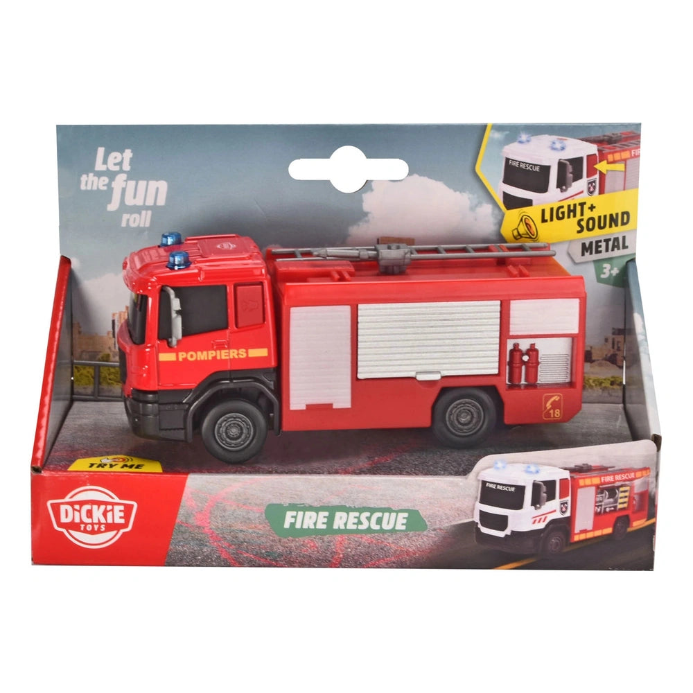 Dickie fire rescue play vehicle in red and white packaging with clear window, featuring lights and sounds, displayed on cardb