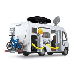 Dickie Hymer camper pop-up set featuring a shiny white vehicle with black wheels, a blue bike, and a silver satellite dish.