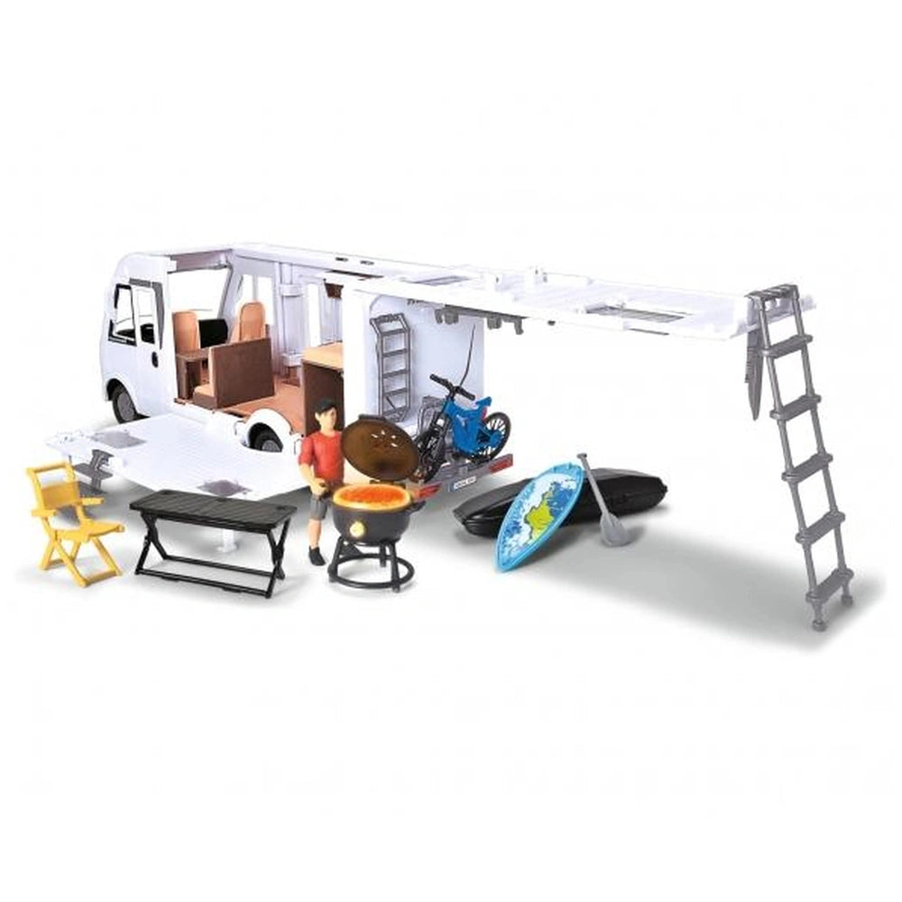 Dickie Hymer Camper Pop Up Set featuring a white table, yellow chairs, black grill, gray ladder, and surfboard on display.