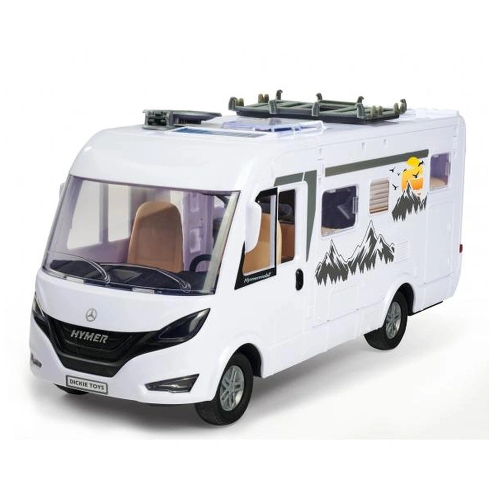 Dickie Hymer camper toy vehicle with glossy white exterior, visible "HYMER" and "DICKIE TOYS" texts, and detailed components.