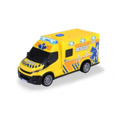 Dickie Iveco Daily Ambulance toy vehicle in yellow with black accents, featuring a blue light, red cross, and "RESCUE" text.