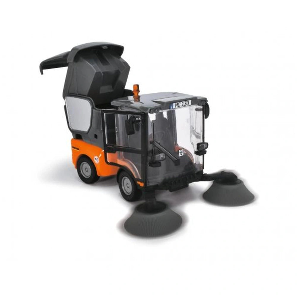 Dickie Kärcher street sweeper toy vehicle in orange with matte black components and a clear front window, centered view.