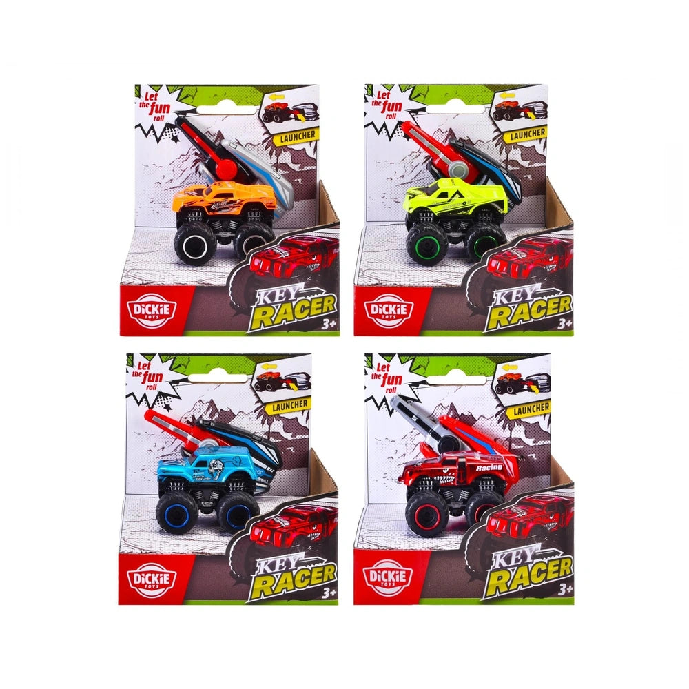 Dickie Key Racer play vehicle packaging features a red toy car and orange launcher with colorful graphics on a glossy cardboa
