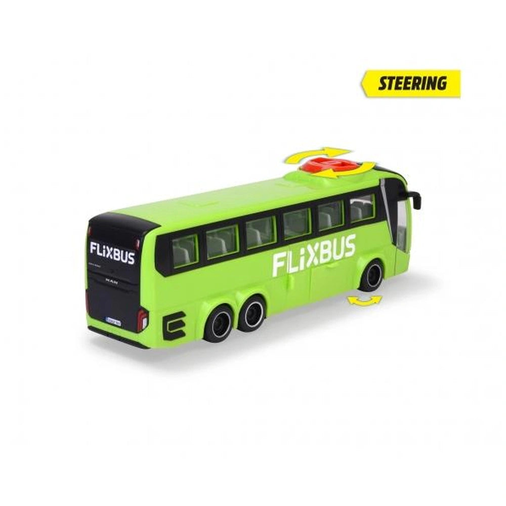 green toy bus with a yellow roof, tinted windows, and black accents including bumpers and wheels.