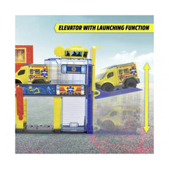 Dickie Micro Sos Station Toy Playsets features two yellow and blue elevators with clear doors, red walls, and a gray concrete