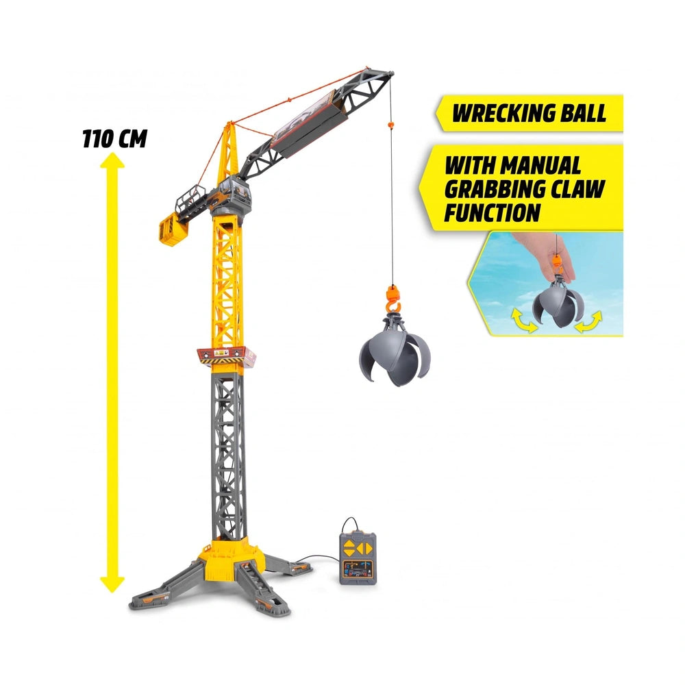 Dickie Mighty Crane Play Vehicle features a yellow and black metal design with a matte finish and transparent plastic window.