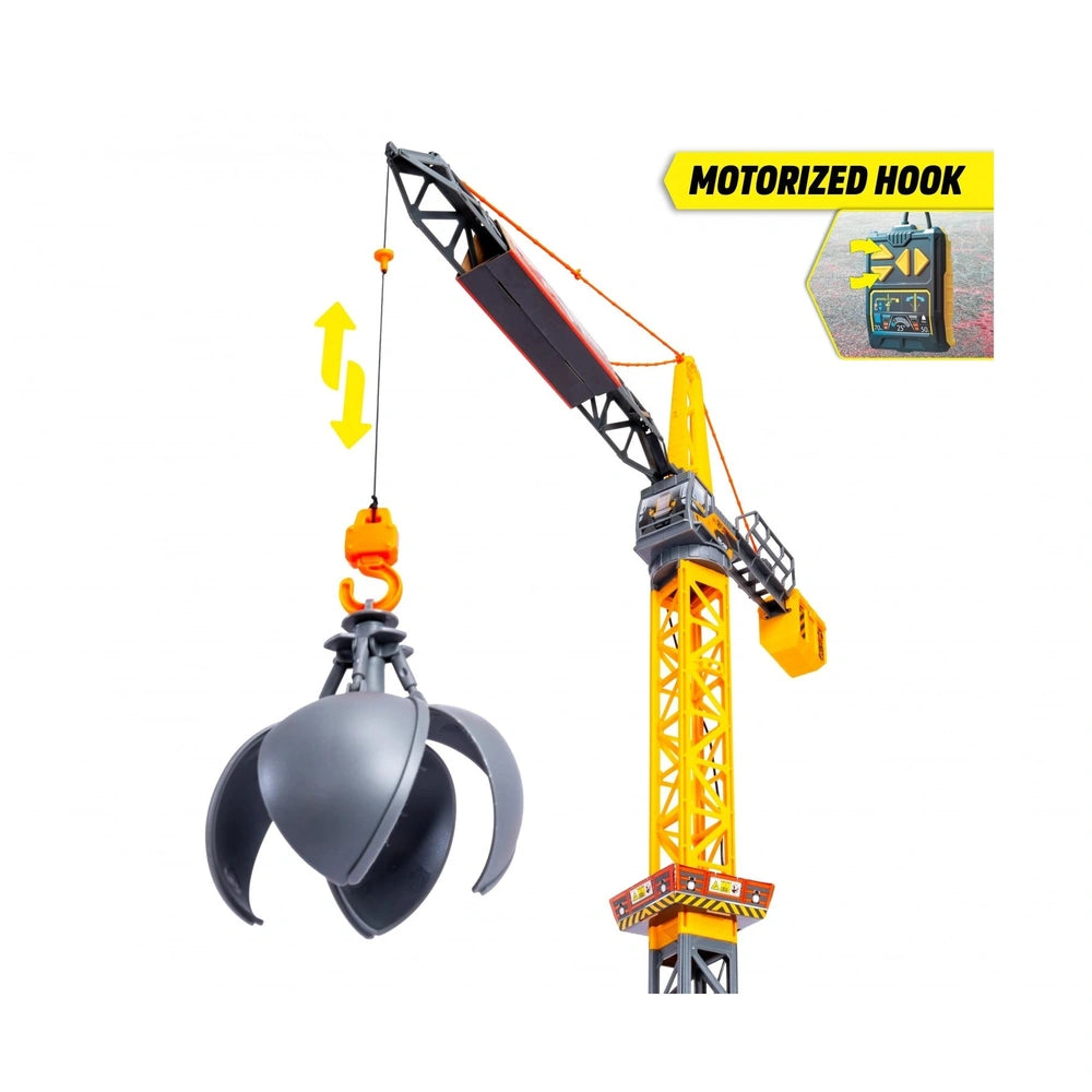 Dickie Mighty Crane Play Vehicle features a 110 cm metal design with yellow and striped accents, showcasing a detailed constr