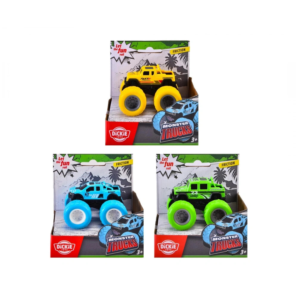 Dickie Monster Truck Play Vehicle packaging with two yellow and black toy trucks, clear plastic window, and colorful printed 