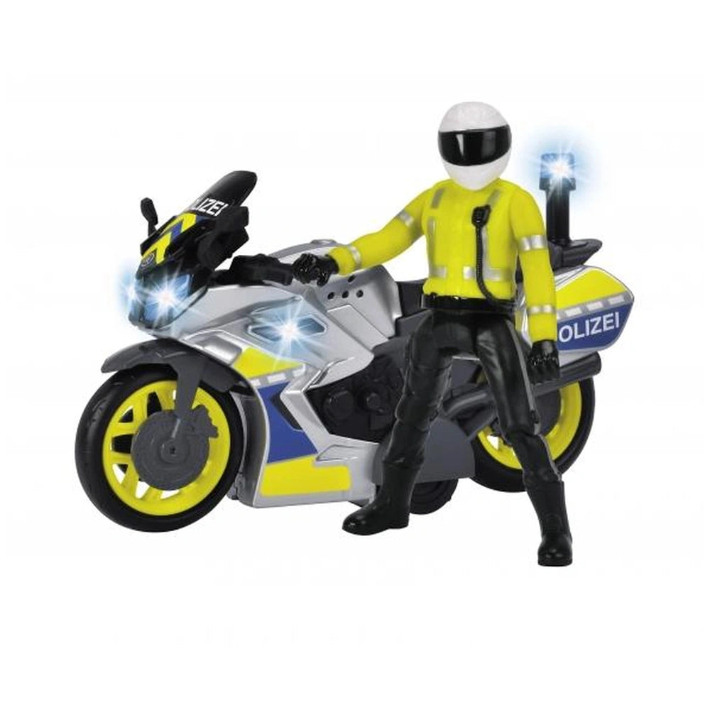 Dickie Police motorbike features a glossy yellow and blue plastic design with a matte helmet, black seat, and tires.
