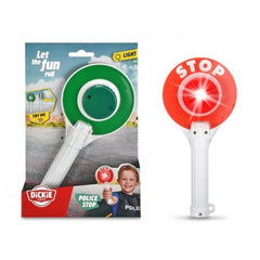 Dickie Police Stop Sign toy in green and white, packaged in a red cardboard box with a clear plastic window and child images.