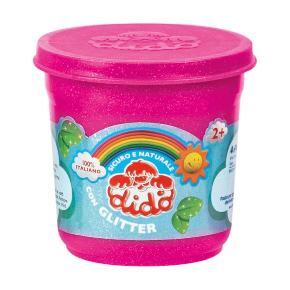 Didò Glitter Trio Pack features glossy pink container with rainbow design, smiling face, and textured glittery surface.