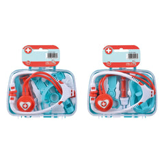 Doctors case toy kit featuring medical accessories like a stethoscope, syringe, scissors, and heart emblem in red and white.