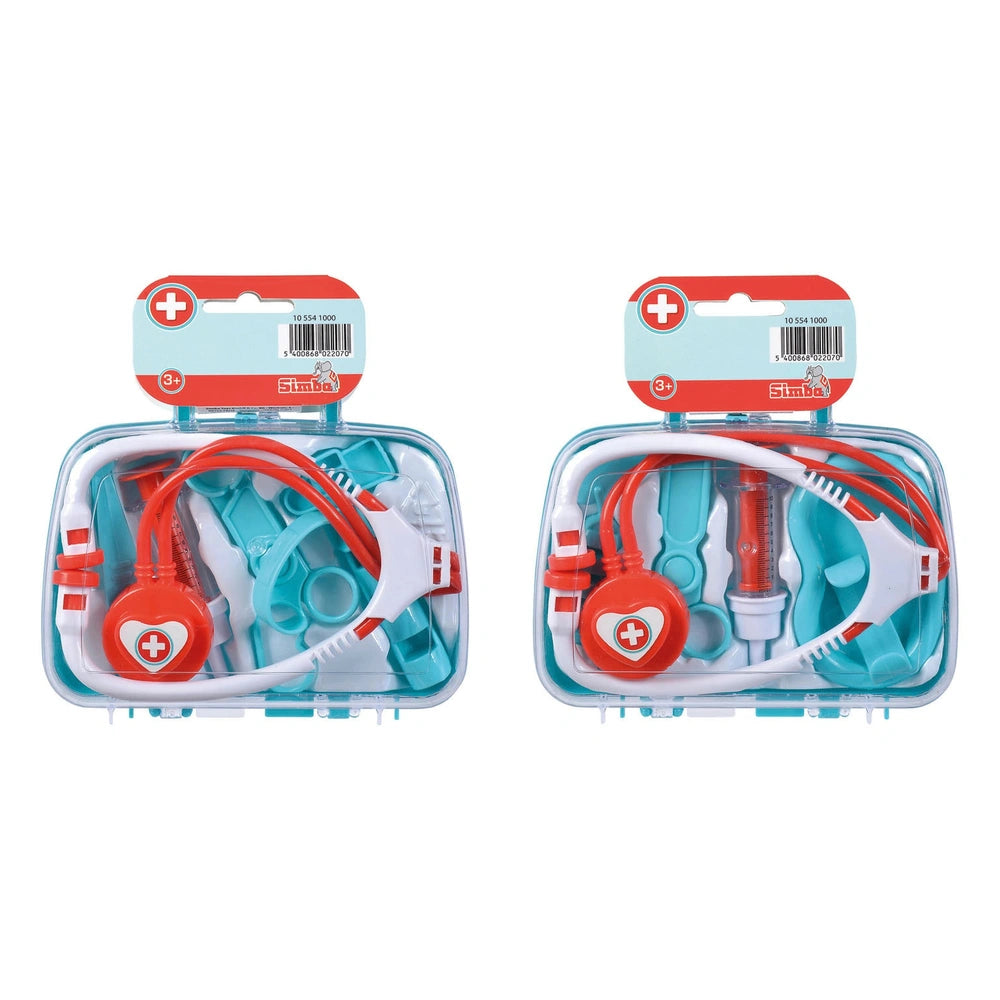 Doctors case with accessories features two clear plastic containers labeled with a red and white first aid cross, holding va