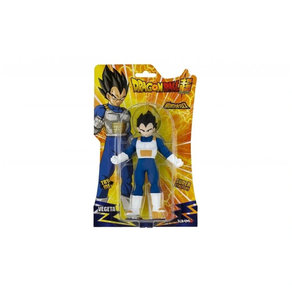 Dragon Ball Monster Flex action figures featuring Vegeta in glossy plastic packaging with a yellow background and cardboard b