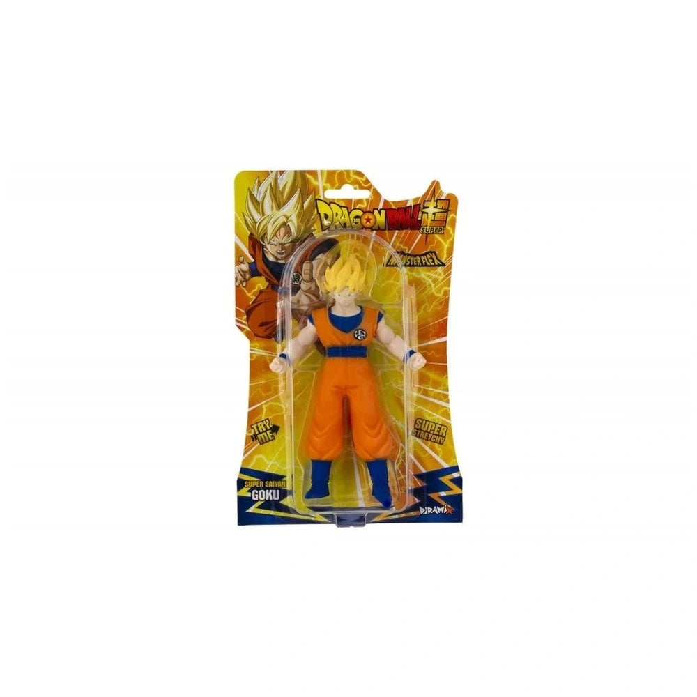 Dragon Ball Monster Flex action figure in glossy yellow packaging, featuring a male character with spiky hair in orange and b