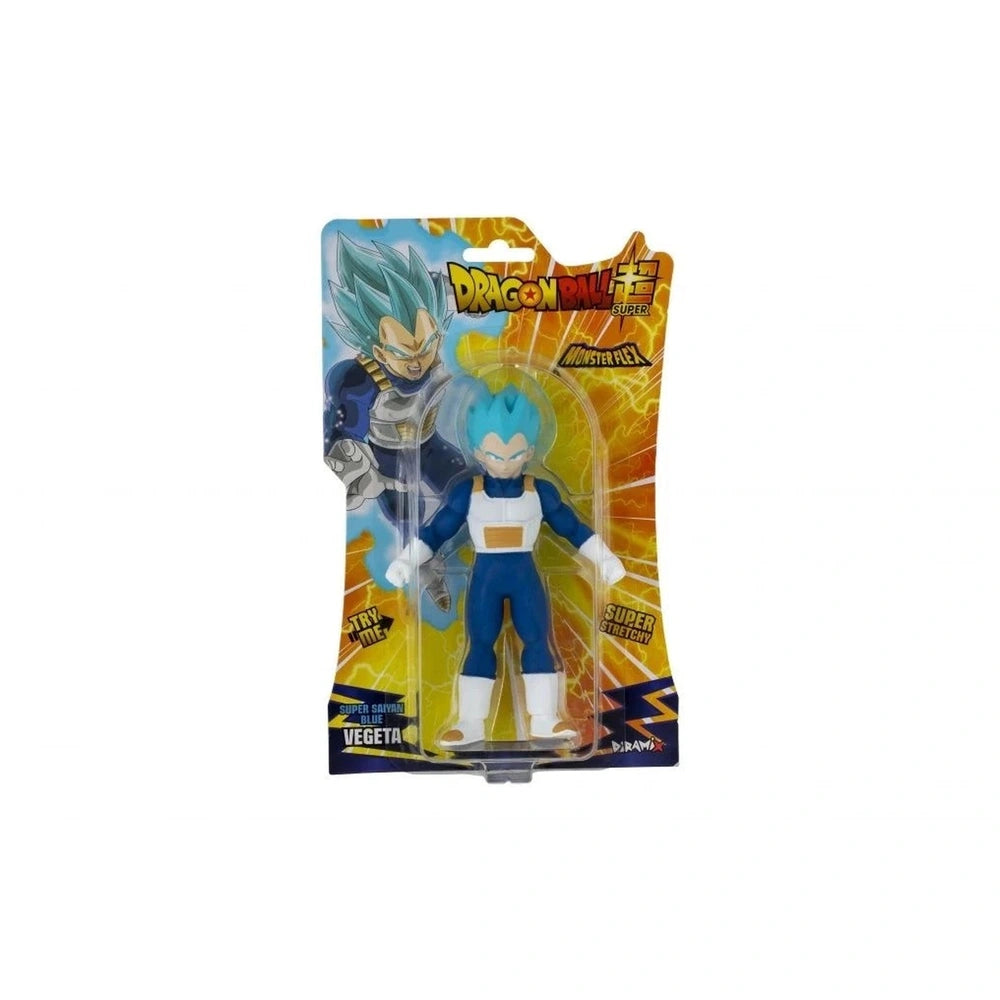 Dragon Ball Monster Flex action figure in glossy packaging with blue and yellow colors, featuring Super Saiyan costume and ac