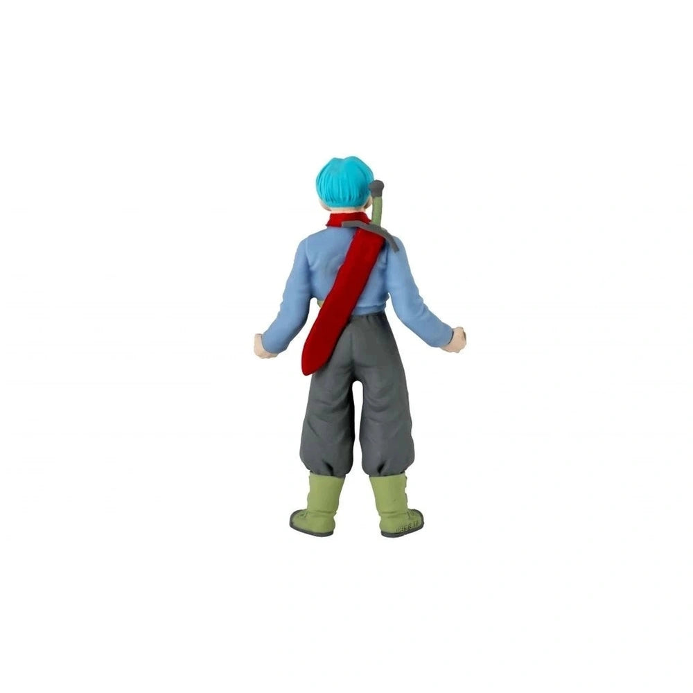Dragon Ball Monster Flex action figure with light blue hair, blue shirt, gray pants, dark green boots, and red scarf, holding