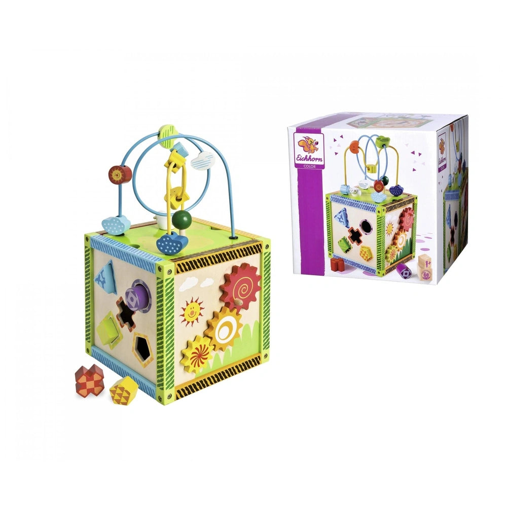 Eichhorn Color Little Play Center is a colorful baby activity toy featuring gears, wheels, and a box-like structure with a li