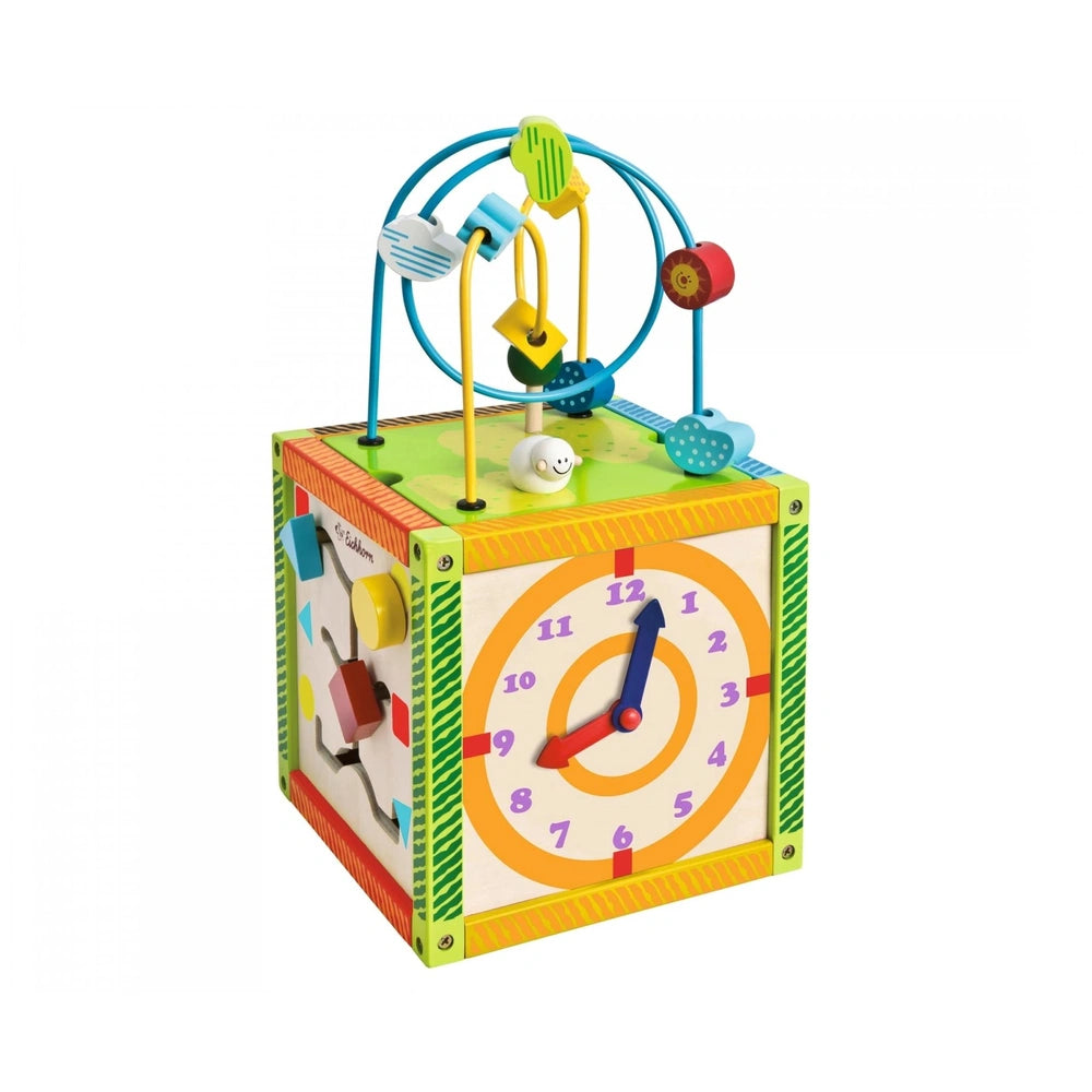 Colorful baby activity clock with bold purple numbers and contrasting hands, designed to engage and educate young children.