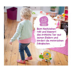 Eichhorn Color Pull-along Stacking Animal toy is featured alongside a child in a playful, colorful play area.