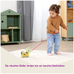Colorful pulling grasshopper toy in a yellow car is held by a child on a white rug, with a green cabinet in the background.