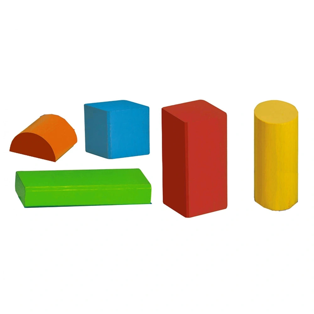 Eichhorn coloured wooden blocks in geometric shapes arranged in a row, featuring red, blue, green, and yellow colors.
