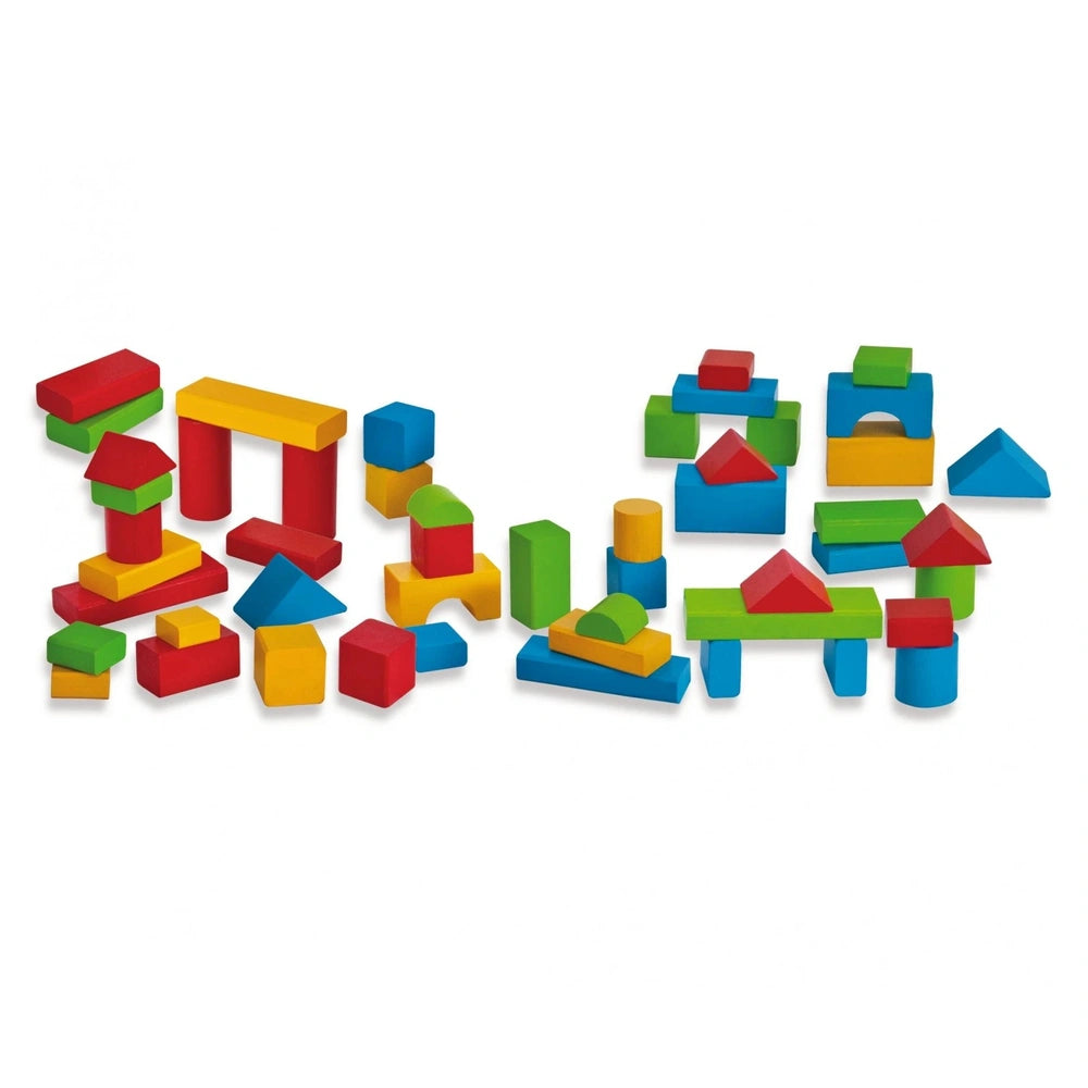 Colorful wooden blocks in red, yellow, blue, green, and orange, arranged for sorting and stacking on a plain white background
