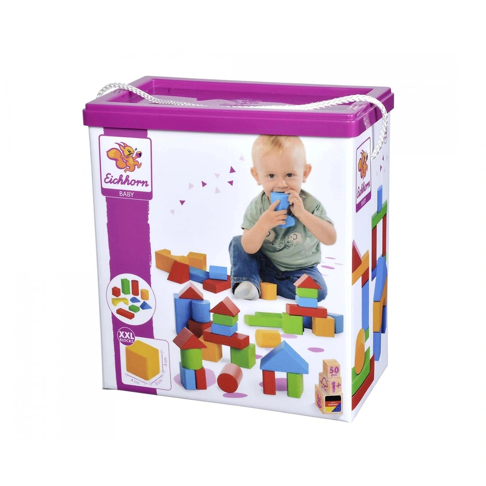 Eichhorn colored wooden blocks toy box features a purple design with a childs image on the lid and colorful toys visible ins