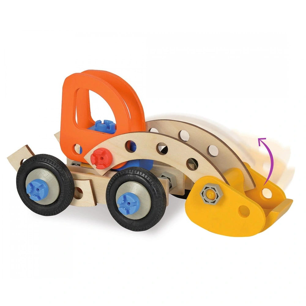 Wooden toy truck in orange with a yellow flatbed trailer, featuring black wheels and blue hubcaps against a plain white backg