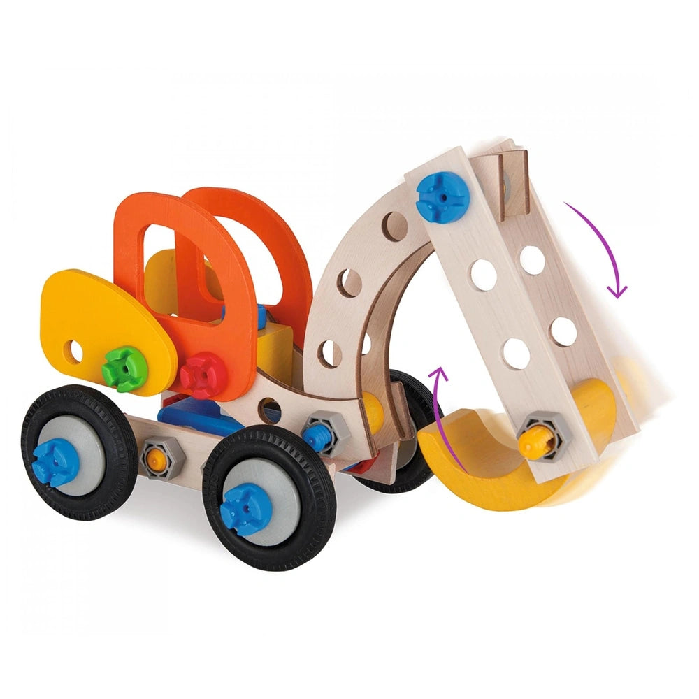 Eichhorn Constructor 3in1 wooden toy train features a yellow locomotive and orange passenger car with blue coupling mechanism