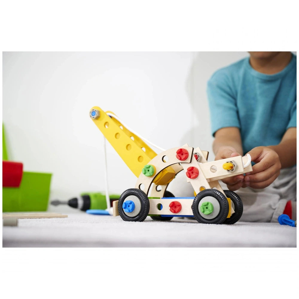 Eichhorn Constructor 4in1 construction set features 70 wooden and plastic pieces for creative building and play.