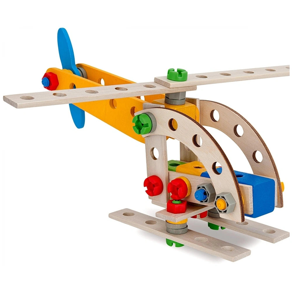 Eichhorn Constructor 4in1 construction set featuring a blue propeller, yellow plane body, and colorful wheels.