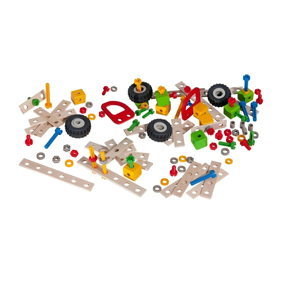 Eichhorn Constructor Accessories set includes 111 pieces with wooden base, plastic components, rubber tires, and metal bolts.