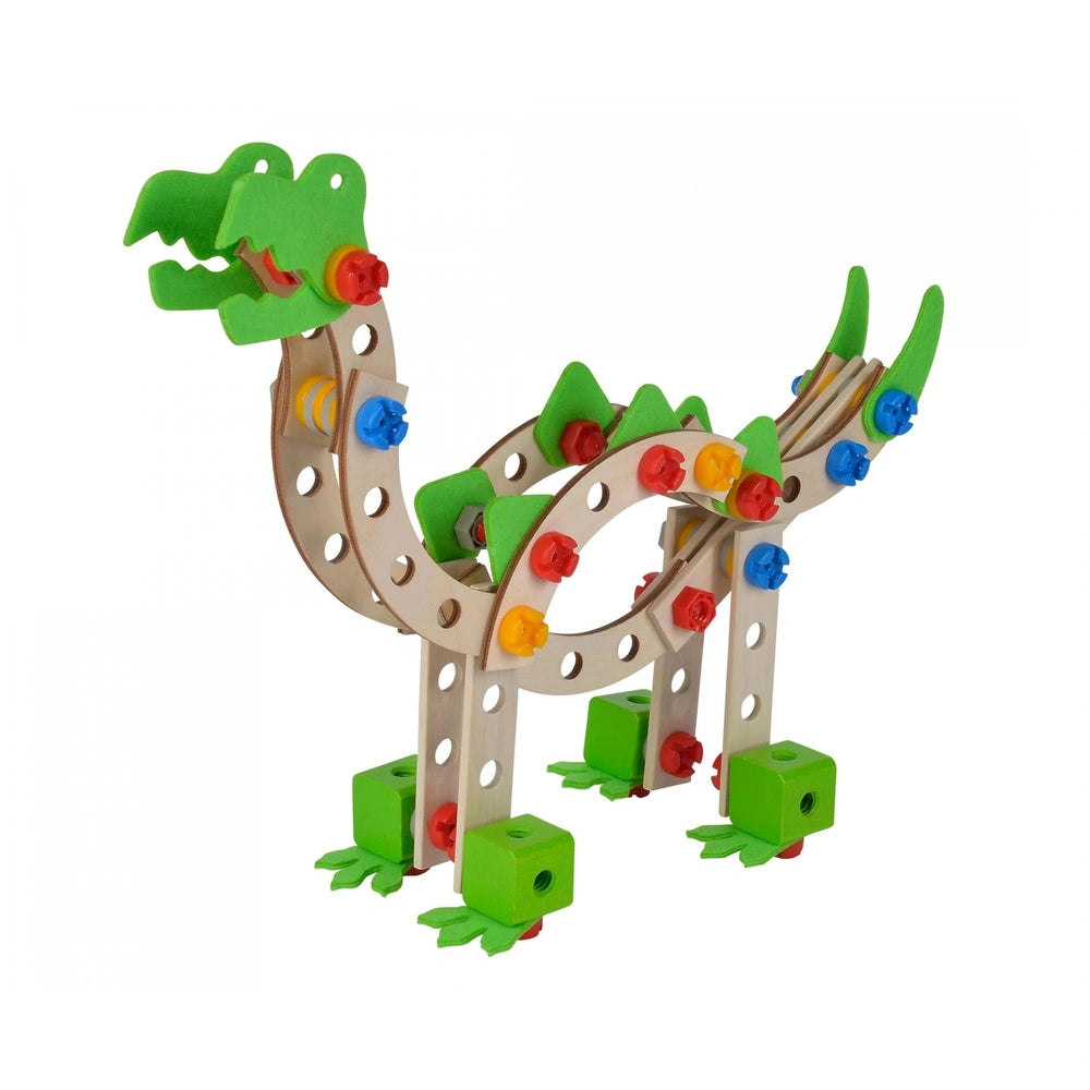 Eichhorn Constructor Dinosaur construction set features a green matte plastic toy with red and blue accents, long neck, and s