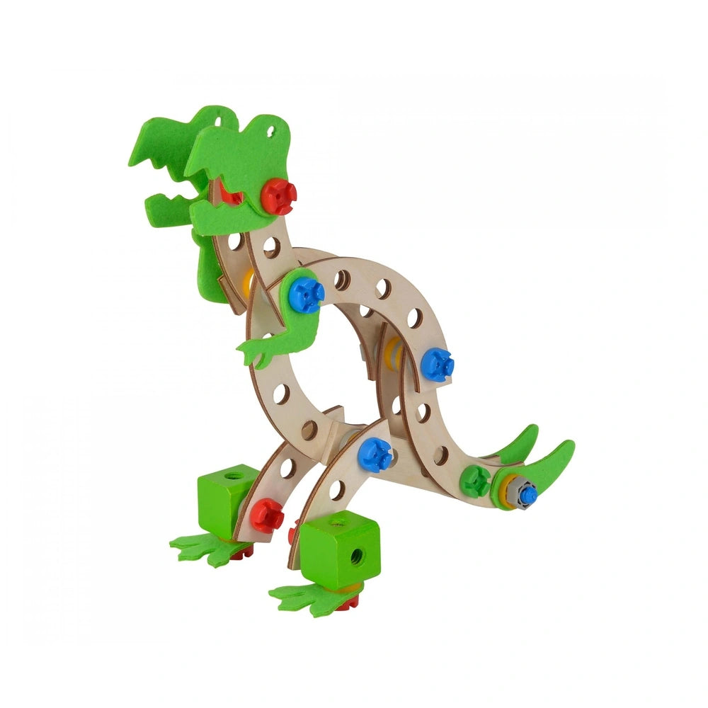 Eichhorn Constructor Dinosaur construction set features a green alligator with a red mouth, blue eyes, and a yellow tail.