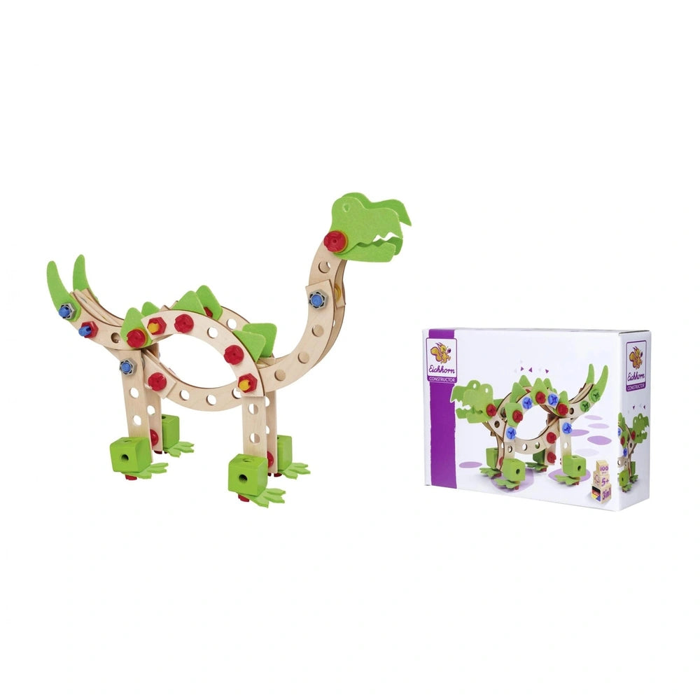 Eichhorn Constructor Dinosaur construction set with a wooden base and colorful plastic accents, featuring wheels and claws.